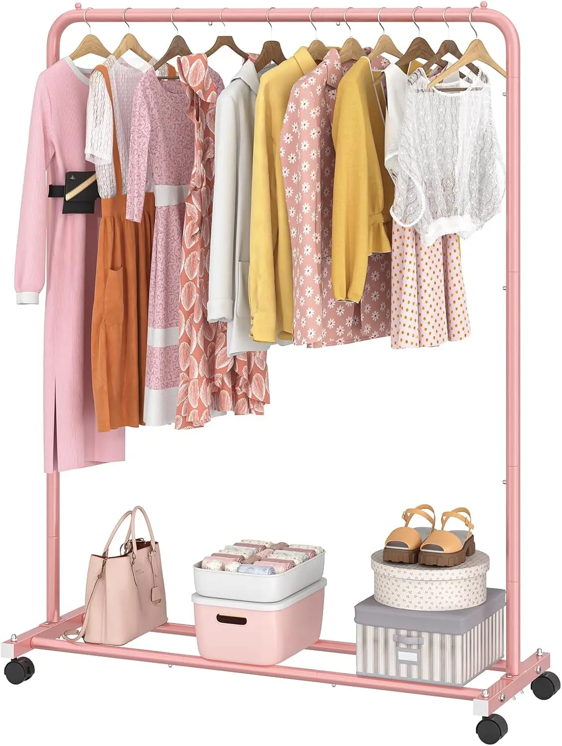 

Standard Clothes Clothing Garment Rack with Storage Shelves, Rolling Clothes Organizer on Wheels for Hanging Clothes, Pink