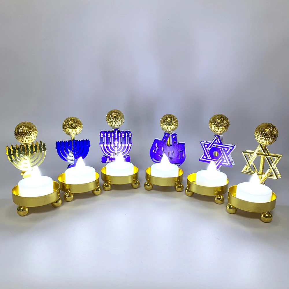 10pcs Judaism Hanukkah Jewish Menorah Festival of Lights Lamp LED Candle Holder Golden Candlestick Night Party Decor