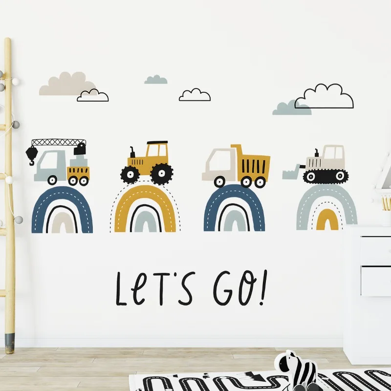 Cartoon INS Cute Engineering Vehicle Road Rainbow Wall Sticker for Kids Room Kindergarten Decor