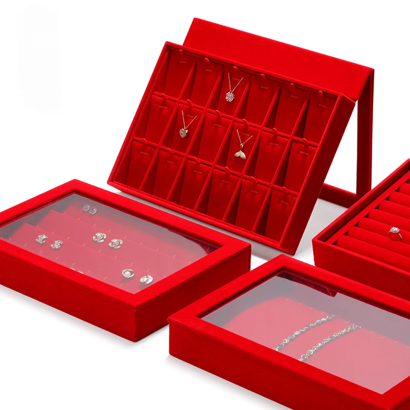 

Gold Jewelry Red Display Plate Jewelry Display Tray Live Broadcast Ring Necklace Bracelet Storage Box