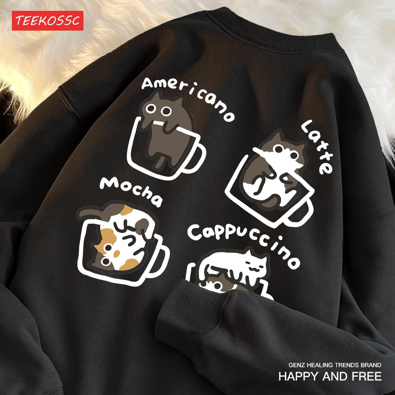 Cat Coffee Warm Fleece Trendy Autumn Loose Long Sleeve Hoody Men Women Original Mocha Latte Cat Three Flowers Fun Cat Sweatshirt