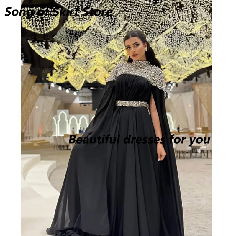 Vestido de noche de lujo personalizado, cuello alto, manga larga, gasa de cristal, línea A, vestido de fiesta Formal, vestidos de graduación árabes, bata de velada
