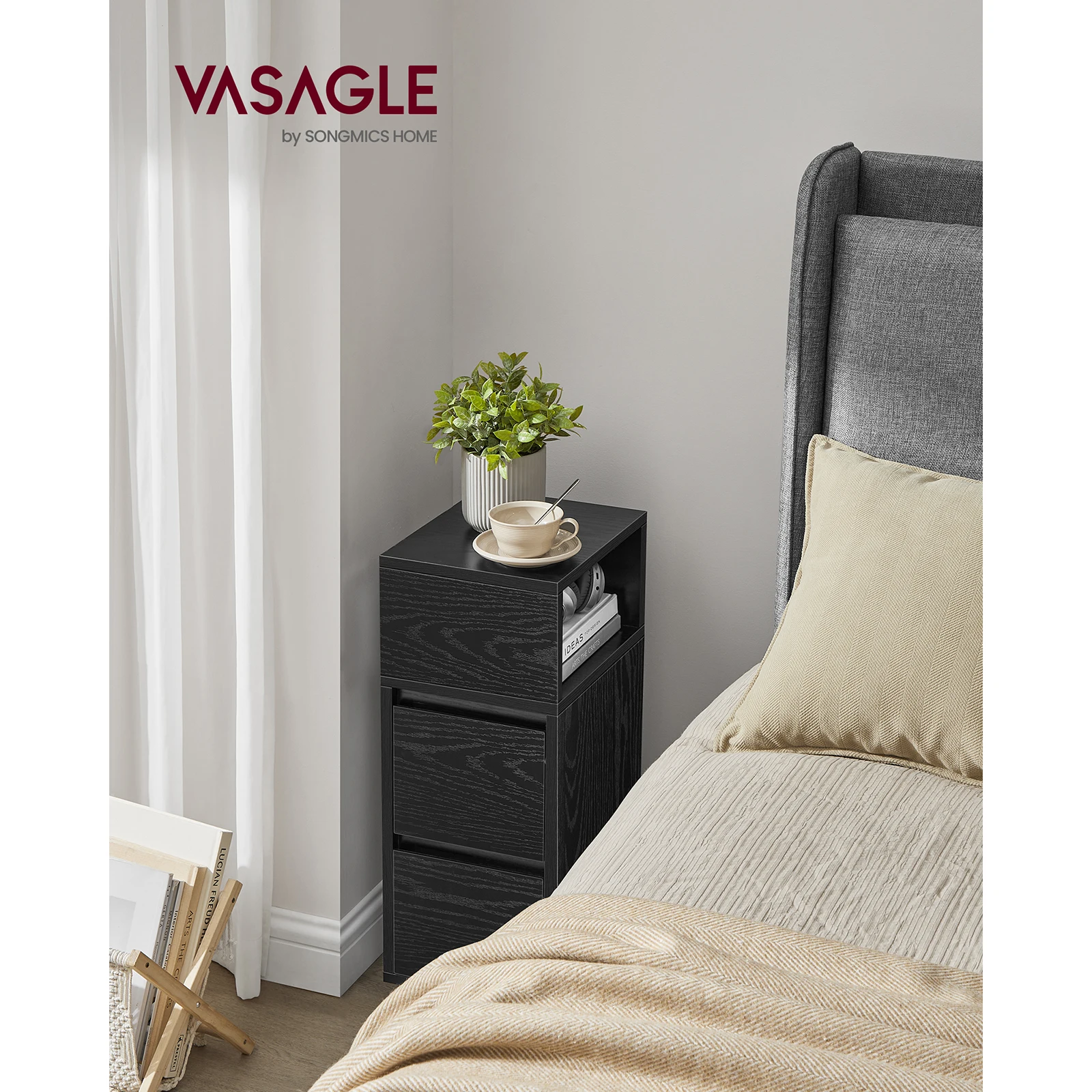 VASAGLE Slim Bedside Table, Small Narrow Side End Table with 2 Drawers, 1 Open Compartment Mounted to Face Left or Right