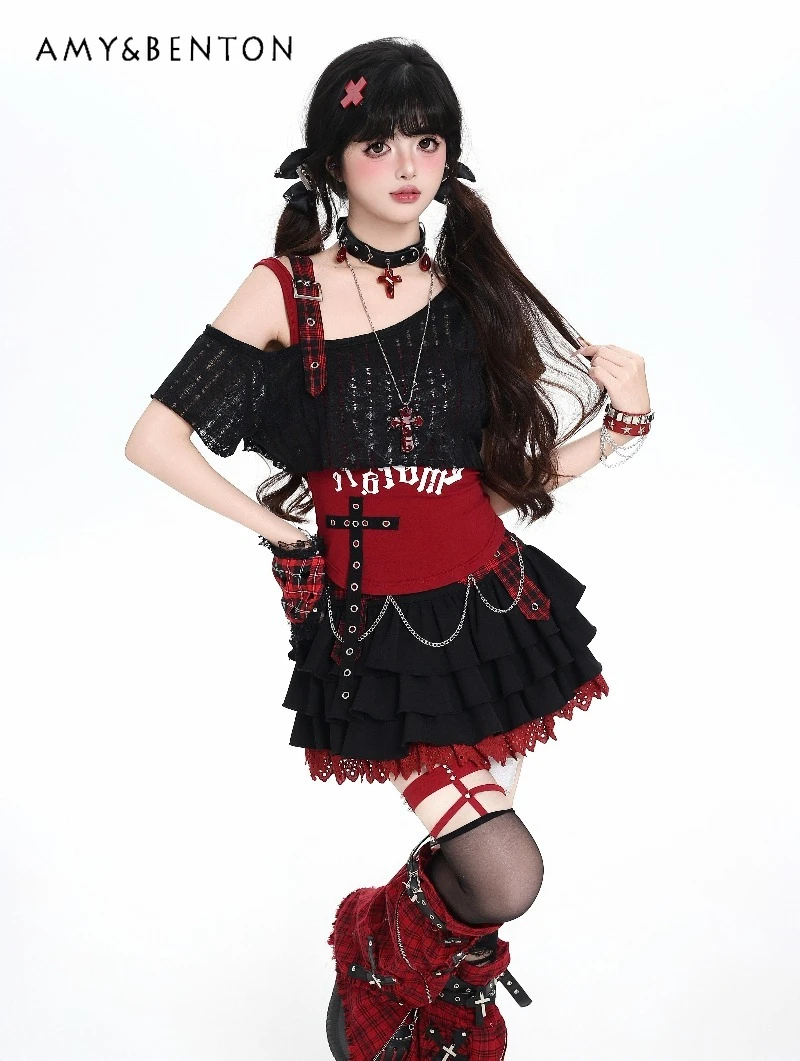 

Original Sweet Cool Y2k Subculture Slim Vest Top Slanted Shoulder Hollow Short Sleeve Coat Two-piece Set Goth Spice Girl Sets