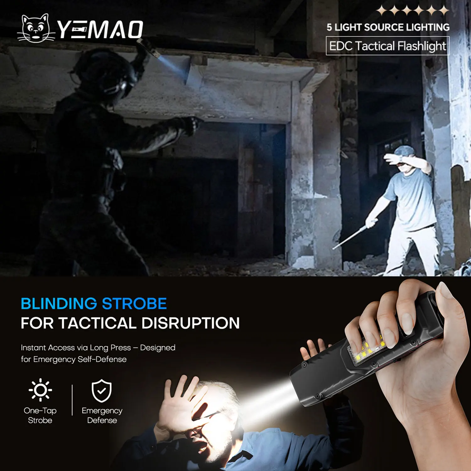 M28 Defense Flashlight Stick Rechargeable Flat Flashlights EDC Tactical Flashlight,Dual-Switches LED Torch With Digital Display