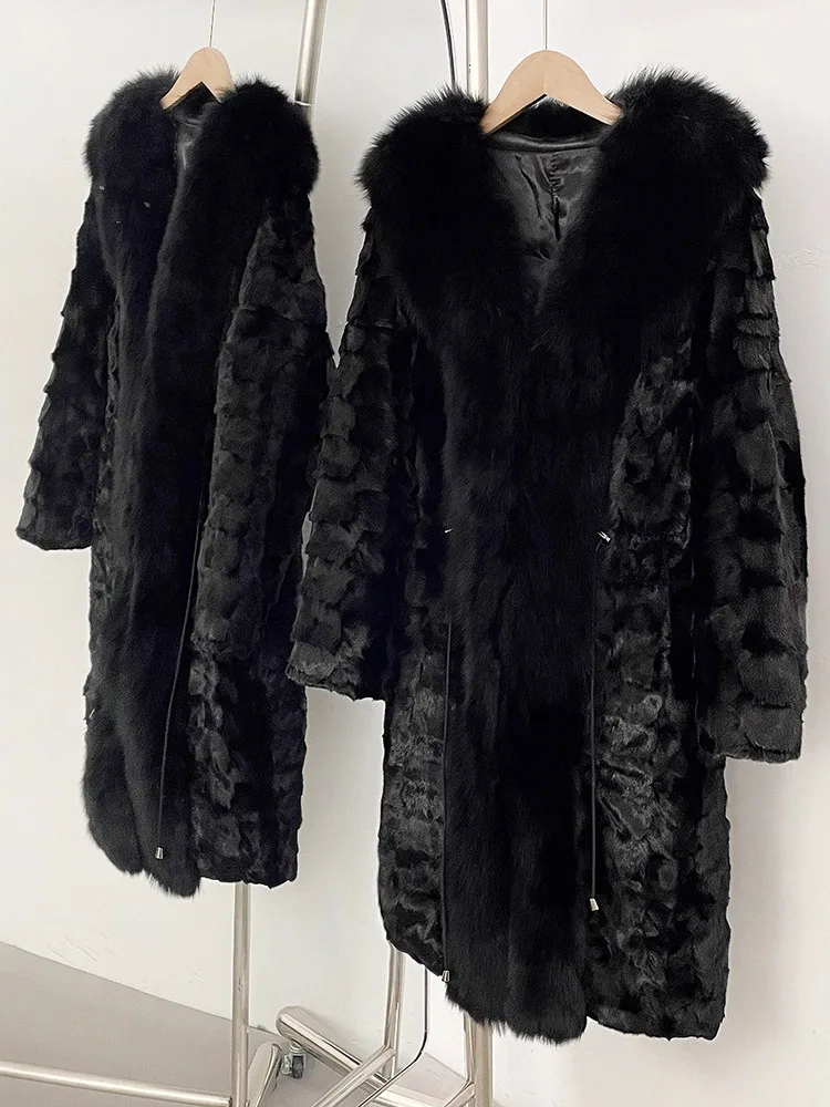 ZMEENNA Abrigo elegante de piel sintética negra para mujer con cordón en la cintura chaqueta de abrigo lujosa y cálida para invierno ZM3894