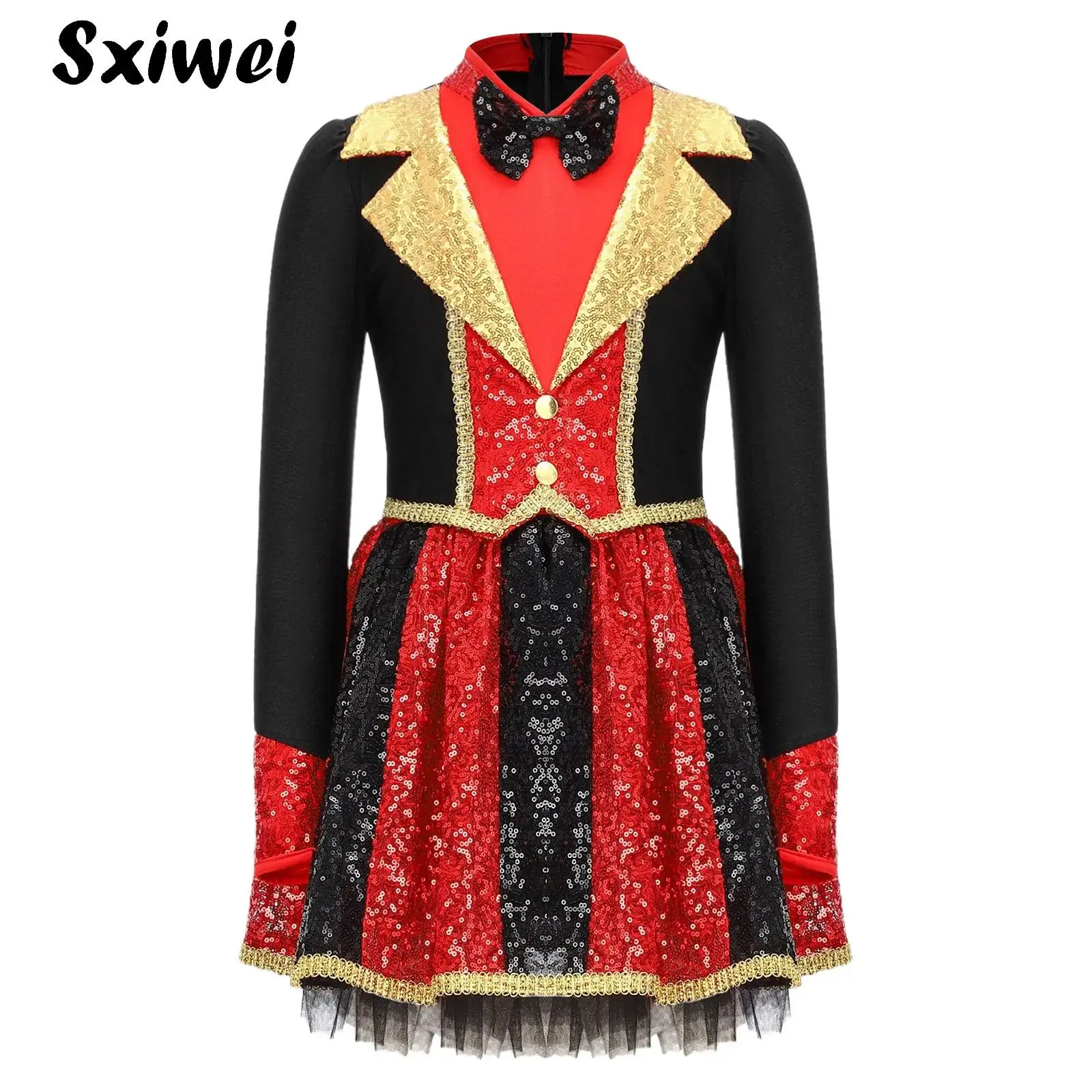 

Girls Circus Ringmaster Lion Tamer Performance Halloween Costume Sequins Long Sleeve Bow Tie Dance Dress Skirted Leotard Suit