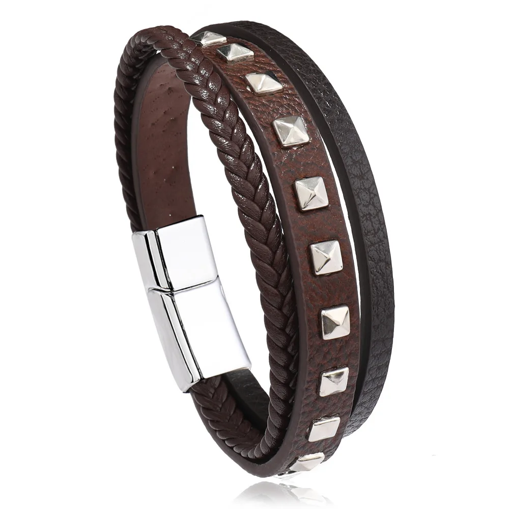 Leather Bracelet For Men New Retro Men\'s Leather Bracelet, Fashion Rivet Leather Bracelet Pyramid Leather Strap Bracelet