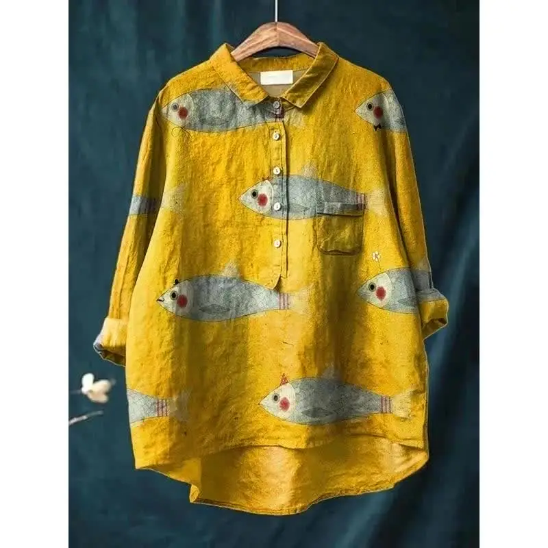 

Retro and cute anchoe art print casual summer cool shirt, Japanese Harajuku fish shirt, stand-up collar shirt, retro folk top