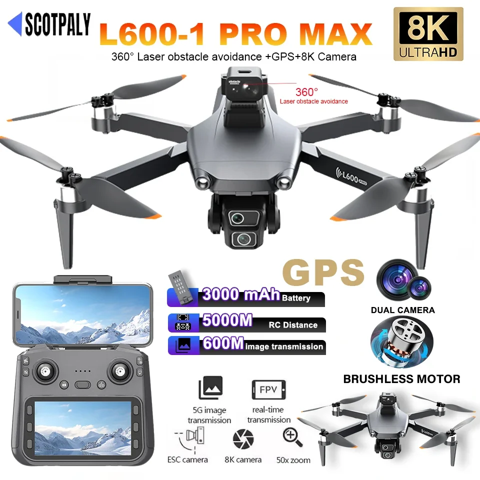 RC 드론 4k 전문가용 L600-1 PRO MAX 8K(광각 HD 카메라 WIFI 360 포함) °   장애물 회피 접이식 헬리콥터 FPV 장난감