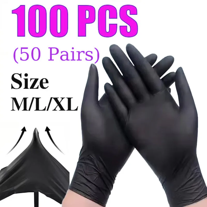 Nuevos guantes de nitrilo negros de 100 Uds., guantes de cocina desechables sin polvo y látex, guantes para teñir el cabello para salón de belleza para mujer, guantes para teñir el cabello y tatuajes.