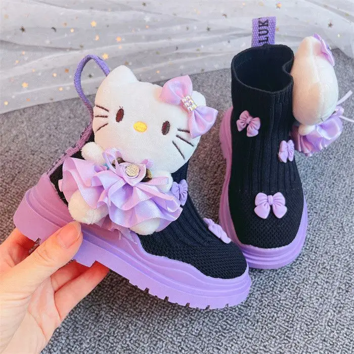 hello kitty Children's Cartoon KT Cat Sock children shoes 2024 Spring And Autumn New Girl Breathable High Knitted Short Boots