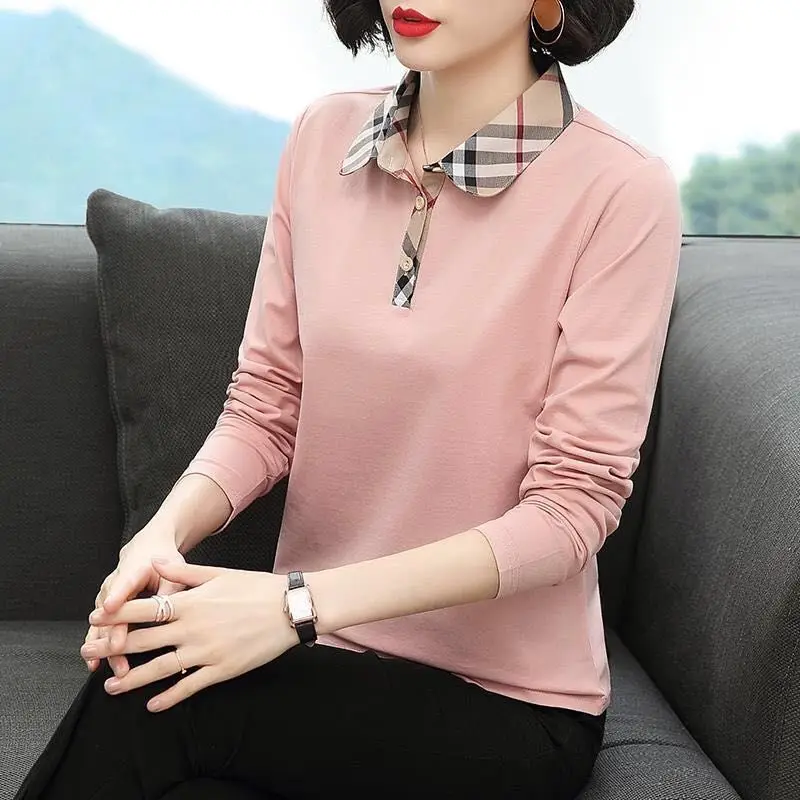 

New Spring and Autumn Women's Splicing Contrast Color Lapel Long Sleeve Loose Classic Pullovers Trendy Comfortable Commute Tops