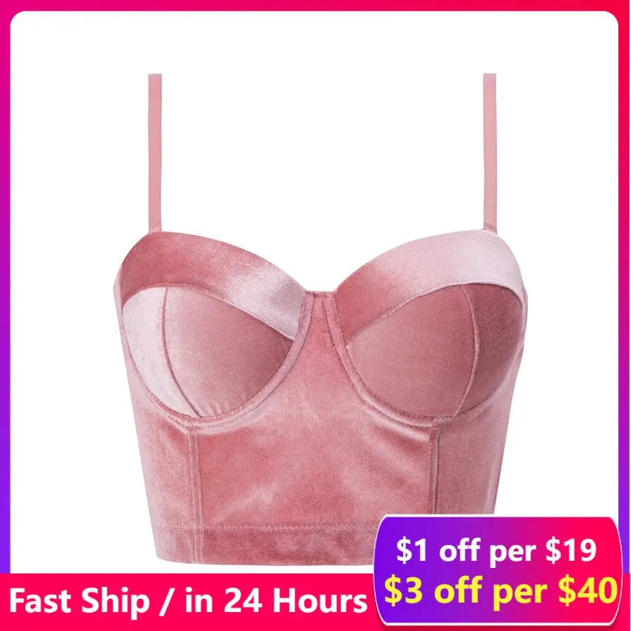 Pink Gothic Velvet Sexy Solid Crop Top Slim Fashion Cute Tops New Women's Bustier Bra Night Club Party Corset Top Vest Plus Size