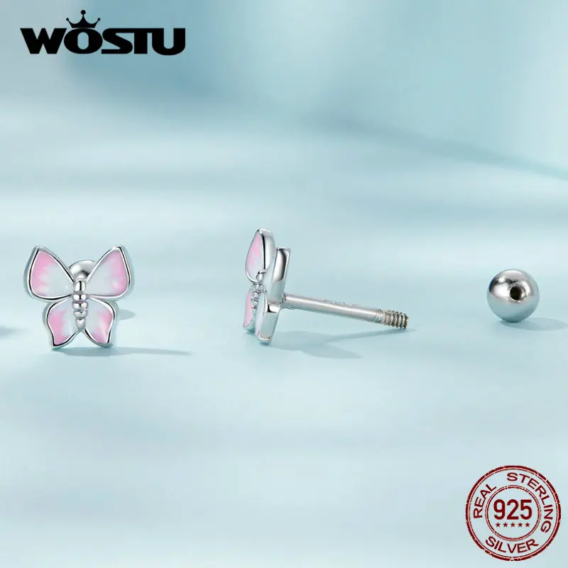 WOSTU Small Pink Butterfly Earrings For Women Real 925 Sterling Silver Lovely Cute Animal Studs Earring Statement Jewelry Gift