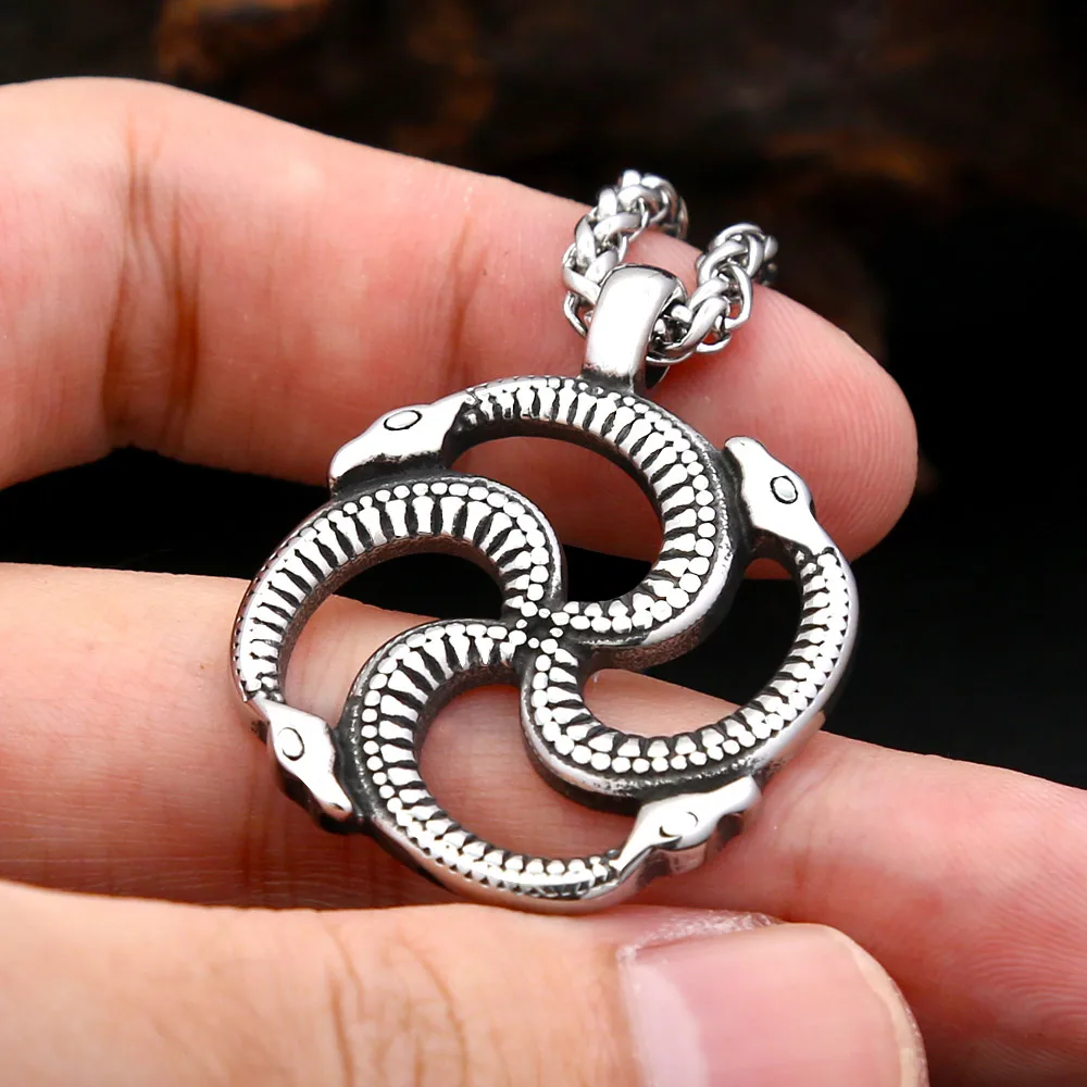 Interwoven Snake Pendant Necklace Stainless Steel Retro Carved Woven Snake Medallion Necklace Unisex Mystic Serpent Jewelry Gift