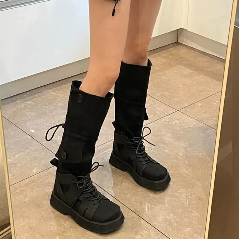 Buty damskie Długie obuwie Platforma Czarne buty dla kobiet Zimowe buty do kolan Kwadratowe palce Western Punk Gyaru Boot 2024 New Hot