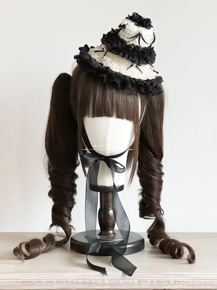 

Original Design Lolita Birthday Hat Lace Top Hat Cute Harajuku Black and White Hat