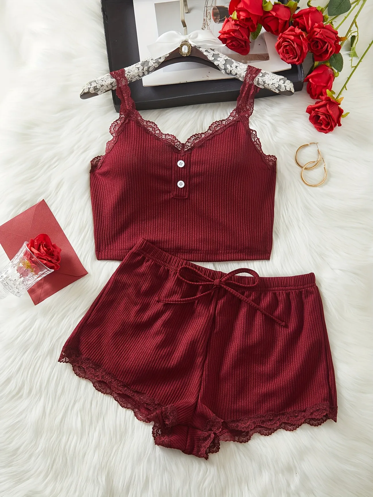 

Women Ribbed Pajama Set Lace Trim Cami Top and Shorts 2PCS Solid Color Summer Sleepwear Soft Lounge Nightwear