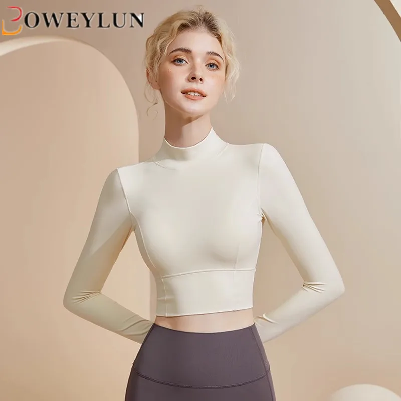 

BOWEYLUN With Chest Pad Yoga Clothing Women Half-high Neck Sports Running Long-sleeved Tops Fitness Clothing Spring and Autumn