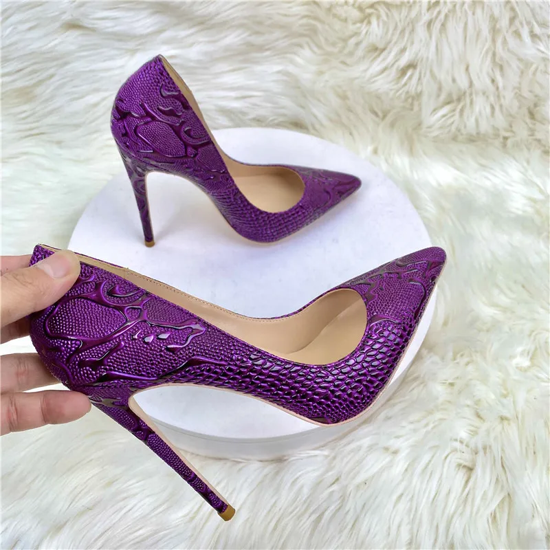 Brand Embossed Snakeskin Women Pumps Sexy Pointy Toe Shallow Lady High Heels Three Colors Fashionable Large Size Single Shoes 46