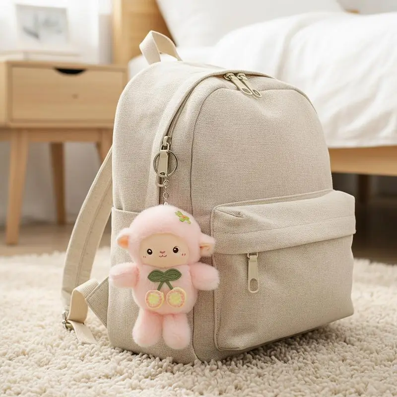 Cute Fluffy Lamb Plush Bag Pendant Cherry Accent Soft Fur Keychain Charm for Children Gifts Daily Purse Accessories