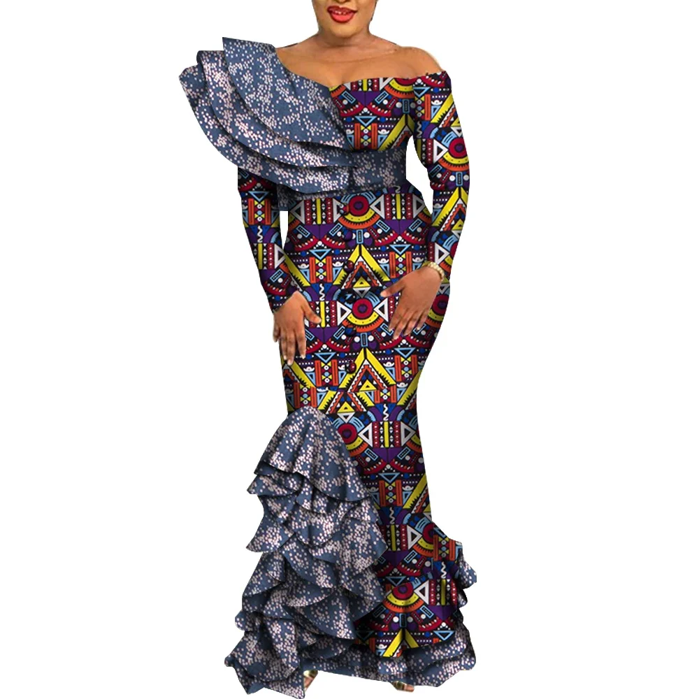 African Dresses for Women 2022 Elegant Bodycon Long Mermaid Dress Draped Ruffles African Print Dashiki Evening Dresses WY5995