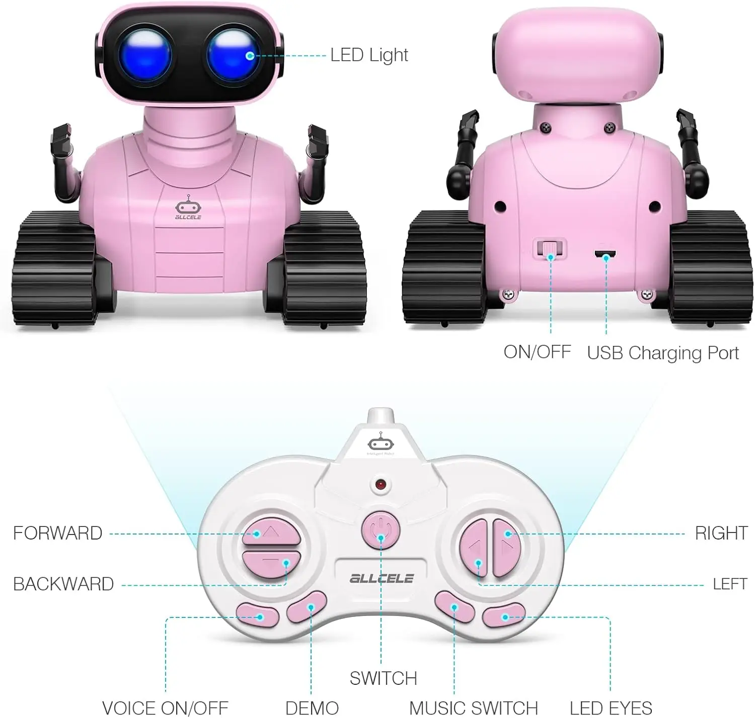 ALLCELE Girls Robot Toy, RC Robot for Kids, Remote Control Toy with Music, LED Eyes, Gift for Children Age 3 Years and Up - Pink