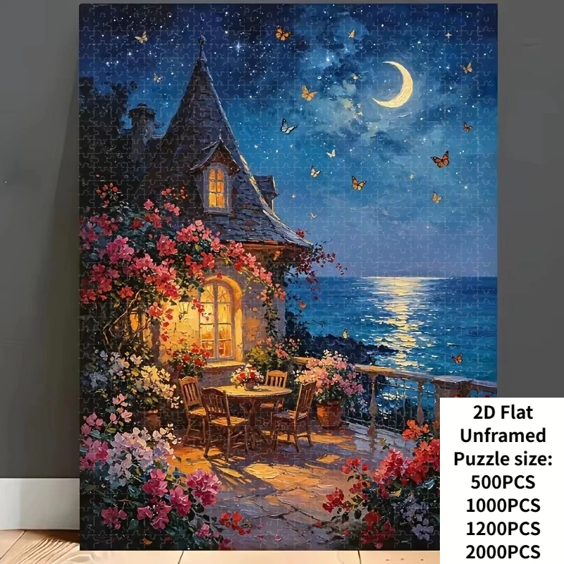 Moonlit Coastal Flower House Jigsaw Puzzles 500/1000/1200/2000 PCS Wall Decor for Living Room Perfect Gift No Frame