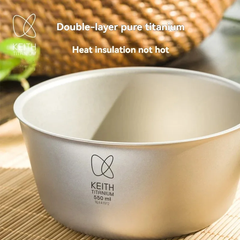 

KEITH Чаша для риса из чистого титана с двойными стенками 550ML-115g для кемпинга и пикника, термоизоляция и антибактериальная, домашняя обеденная чаша