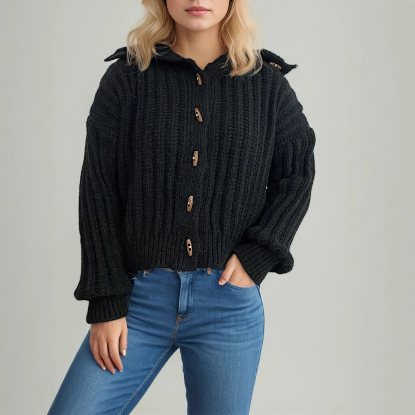 2025 Autumn Winter New Vintage Knitted Cardigan Turn-down Collar Casual Horn Button Fashion Unique Sweater Coat