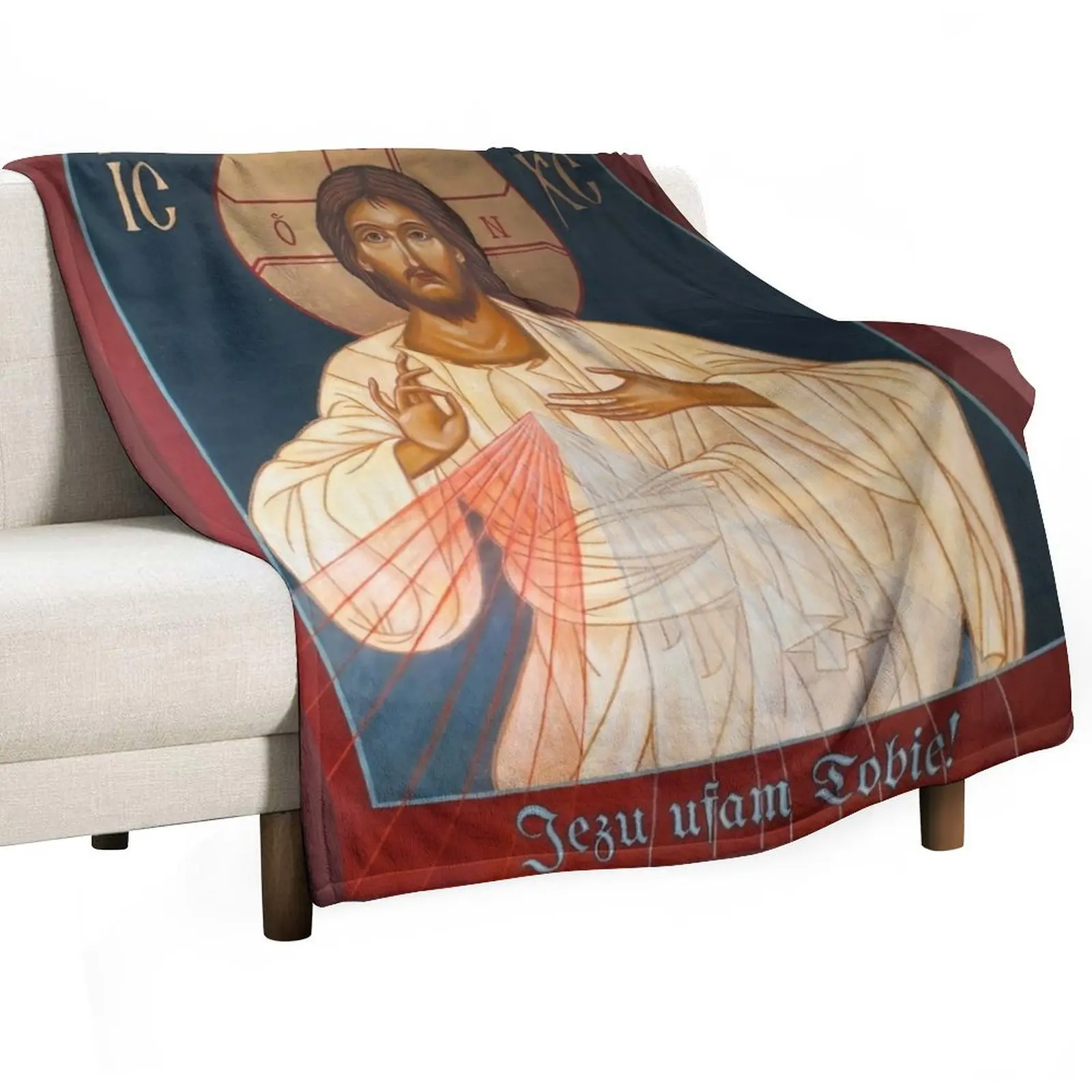 

Merciful Jesus Icon by Leonid Bózio - Jezu Ufam Tobie Throw Blanket bed plaid Heavy Large Blankets