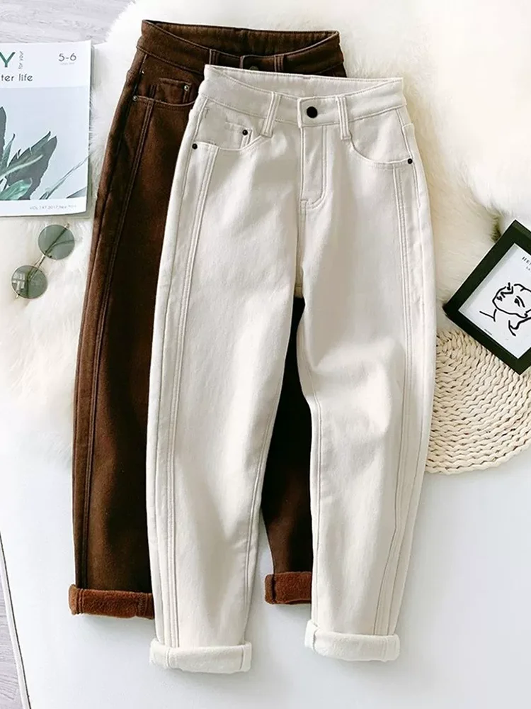 Vintage High Waisted Thick Denim Pants Women's Casual Streetwear Ankle-length Jeans Plush Straight Retro Fashion Harem Vaqueros