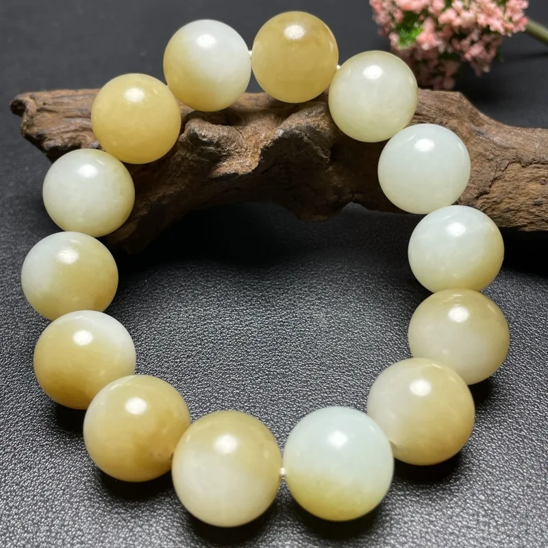 

Natural Hetian Qiemo Sugar White Jade Men'S Round Bead Bracelet 16Mm Beads