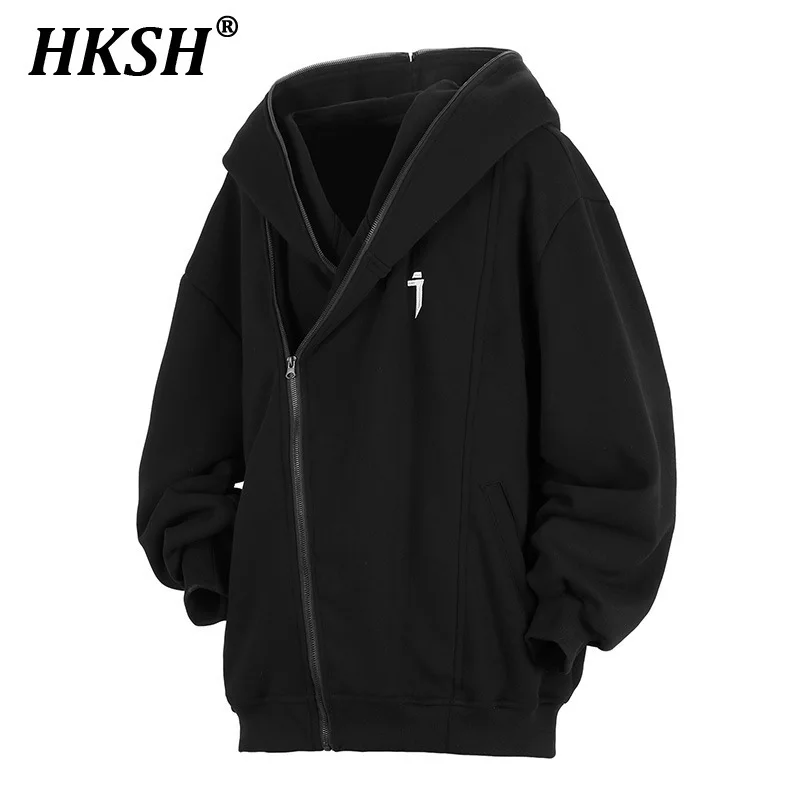 HKSH Heavy 2025 New Spring Slanted Zipper Hooded Cardigan Sweatshirt For Men Loose Casual Solid Color Trendy Dark Jackets HK3824