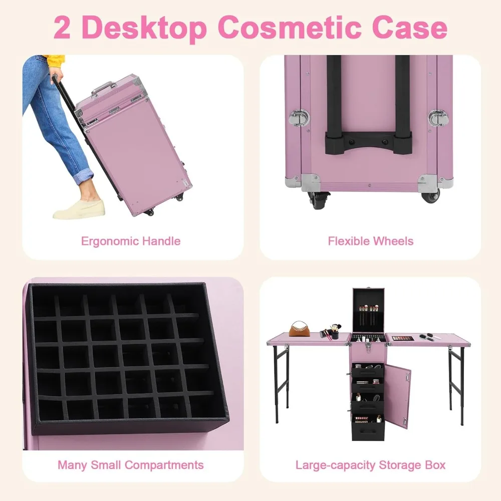 مكتب أظافر محمول قابل للطي مع طاولة مانيكير دوارة وحقيبة مستحضرات تجميل مكونة من حجرتين لمكياج السفر #3