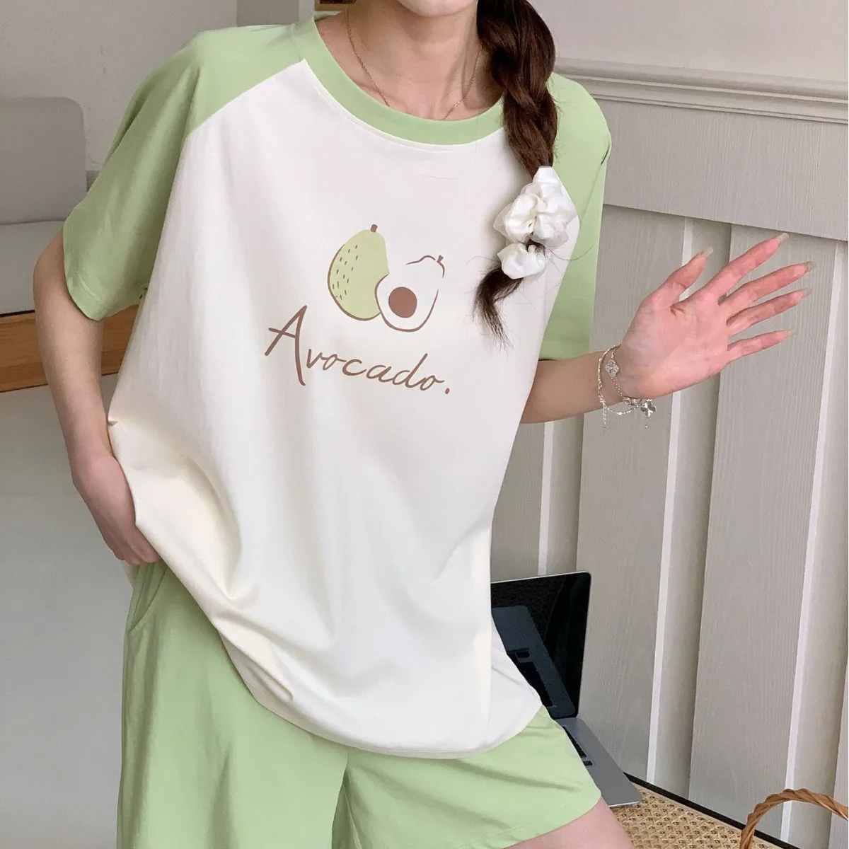 Summer New Women's Pajamas Fruit Pullover 2-piece Short Sleeved Pants Loose Round Neck Home Clothing Cotton Nightwear Female