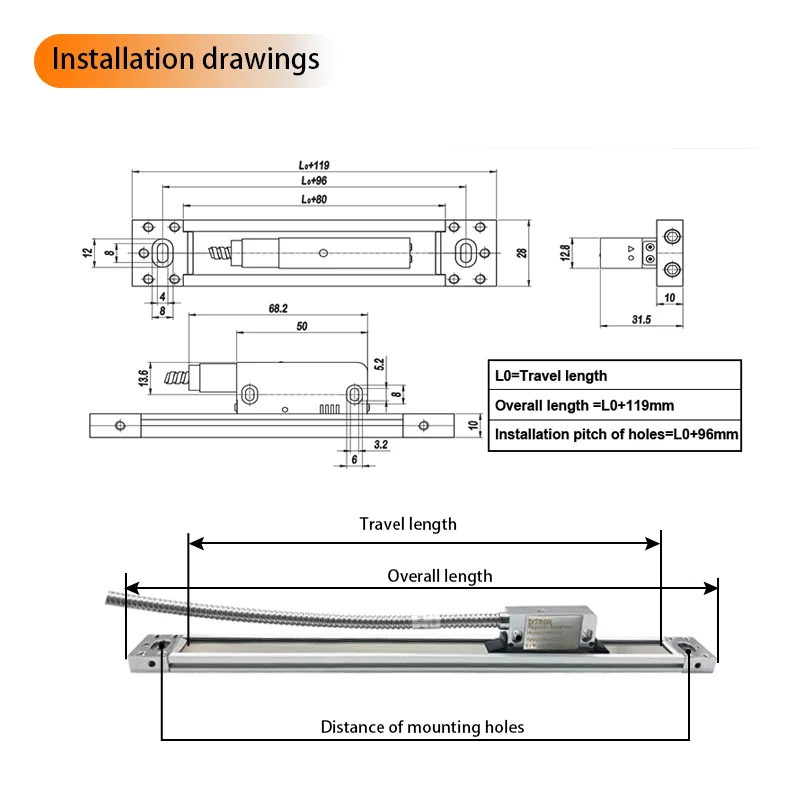 DITRON 3 Axis Digital Readout DRO Magnetic Scale Encoder 5um Resolution 50mm-1000mm for Lathe Mill Milling Machine