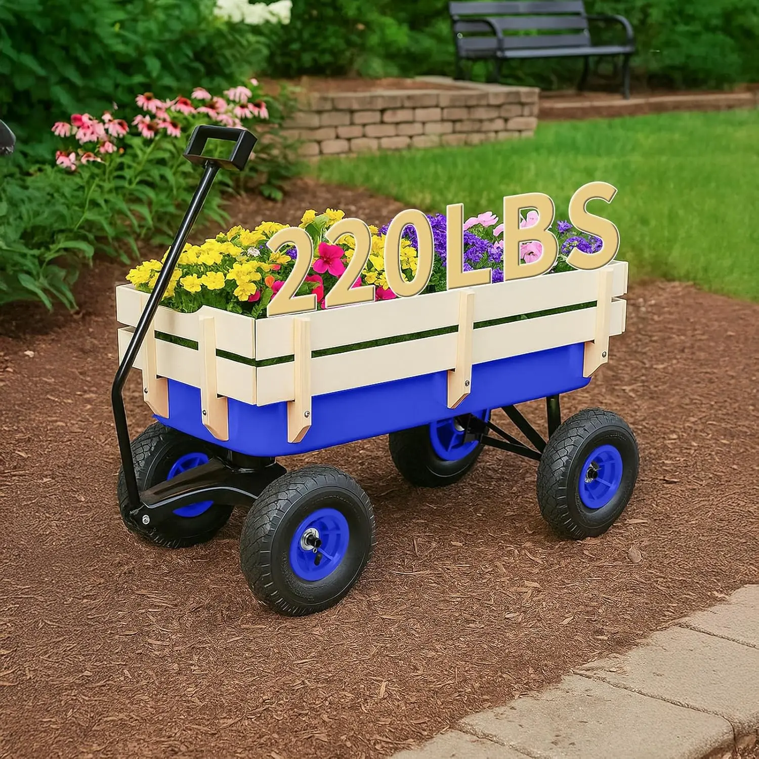 Garden & Cargo Blue All-Terrain Wagon with Steel Structure, 220lbs Capacity, 10'' Air Tires & Removable Wooden Side Panels