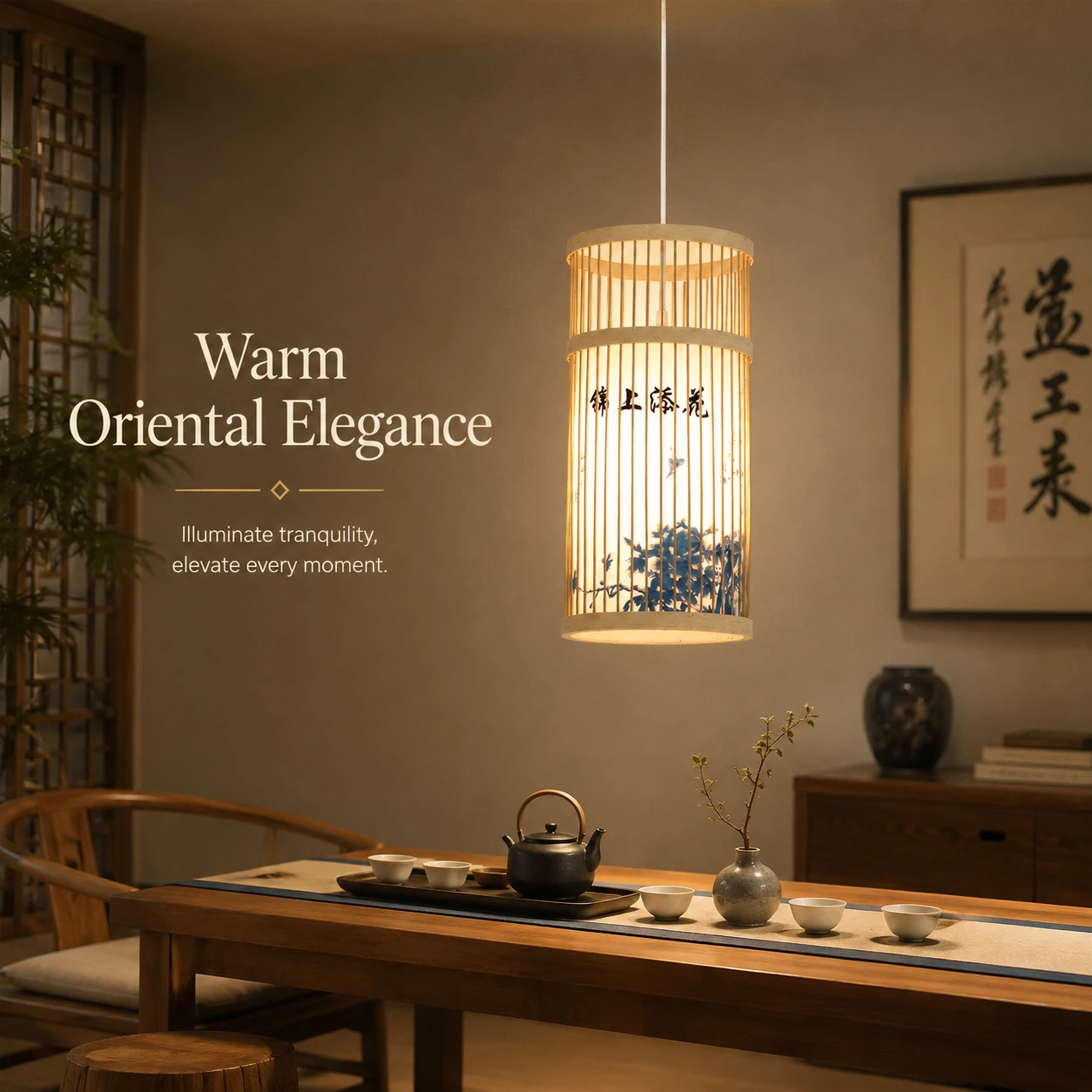 JOYINLED natural Bamboo Pendant Light, Woven Hanging Lamp with Wood Canopy & White Cord for Kitchen Island, Dining Room, Bedroom