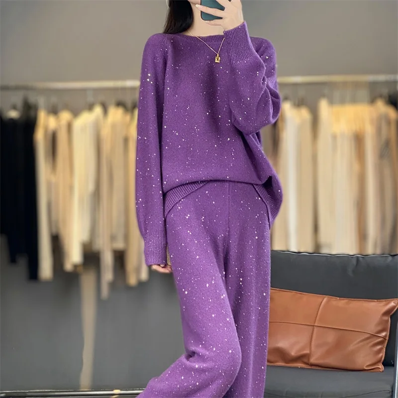Round-Neck 100% Wool Suit Autumn And Winter Large Sequin Knit Starry Sky Sweater High-Waisted Wide-Leg Pants Two-Piece Set
