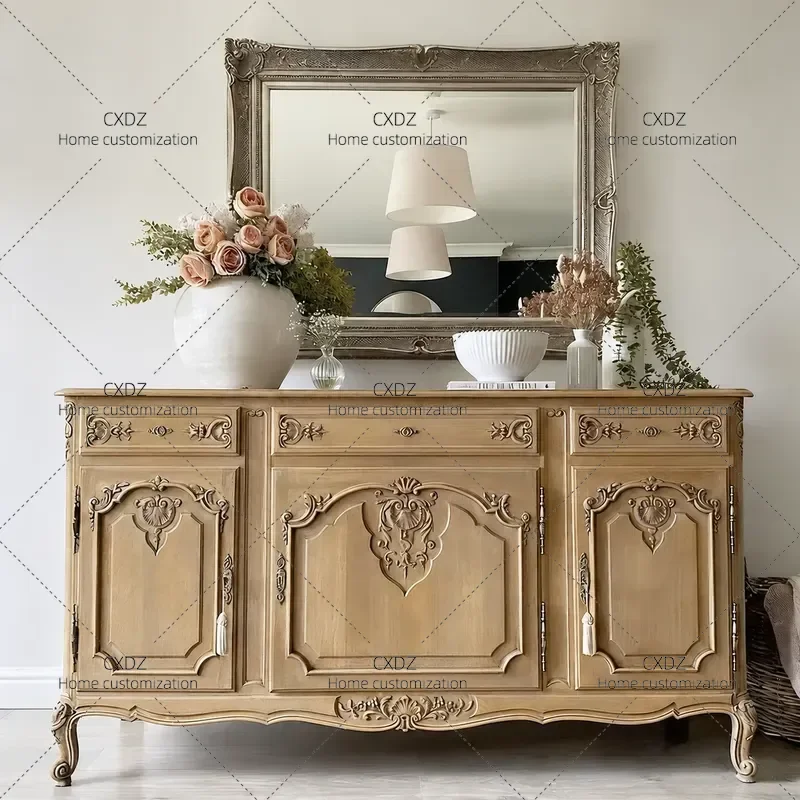 Solid Wood Carved Antique Entryway Cabinet Retro Living Room Dining Sideboard Simple Storage Cabinet