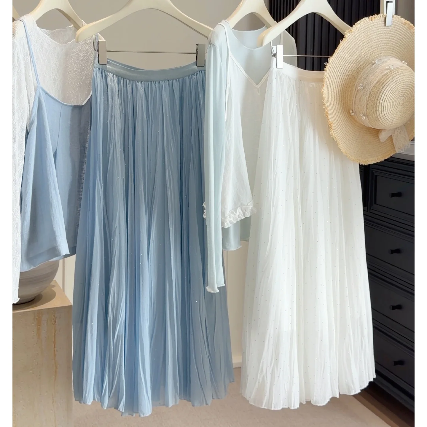 Women's Rhinestone Pleated Chiffon Midi Skirt, 2026 Spring A-line Skirt