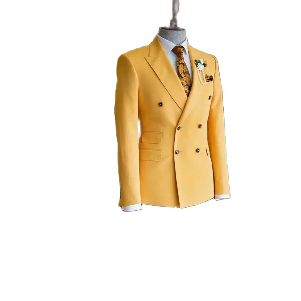 Fashion Chic Yellow Suits for Men Double Breasted 2 Piece Jacket Pants Blazers Sets Slim Fit Business Gentleman Male Clothing