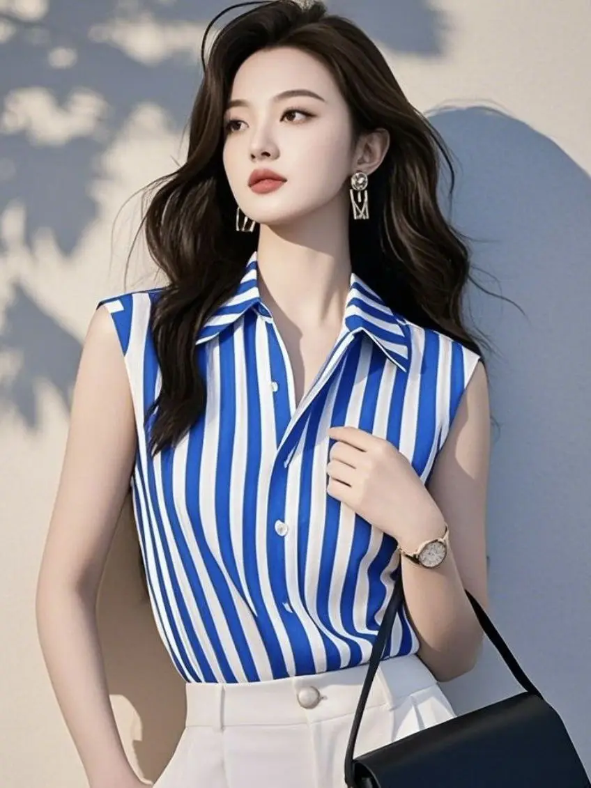 

Retro Hong Kong Style Chic Striped Vest Shirt Ladies Unique Design Collar Sleeveless Top Korean Loose Fit Summer Thin