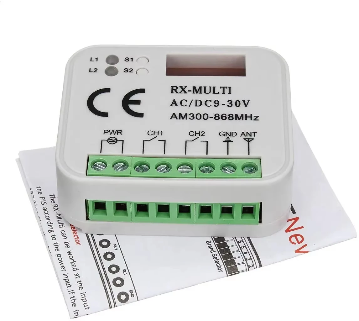 RX-MULTI Receiver Controller AC/DC 9V-30V 2CH 300MHz to 868MHz 433MHz Garage Door Opener / Gate Remote Control Receiver Switch