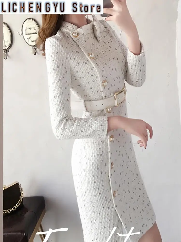 New Arrival Autumn Winter Runway Women Elegant Tweed Dress Bow Collar Long Sleeve Female Fashion Chic Vestidos