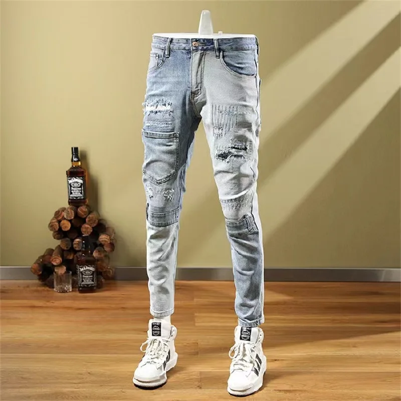 EH·MD® Splatted Ink Men's Scraped Jeans Stickers With Micro-Channel Embroidery Small Leg Trousers Painted Cotton Red Denim Soft2