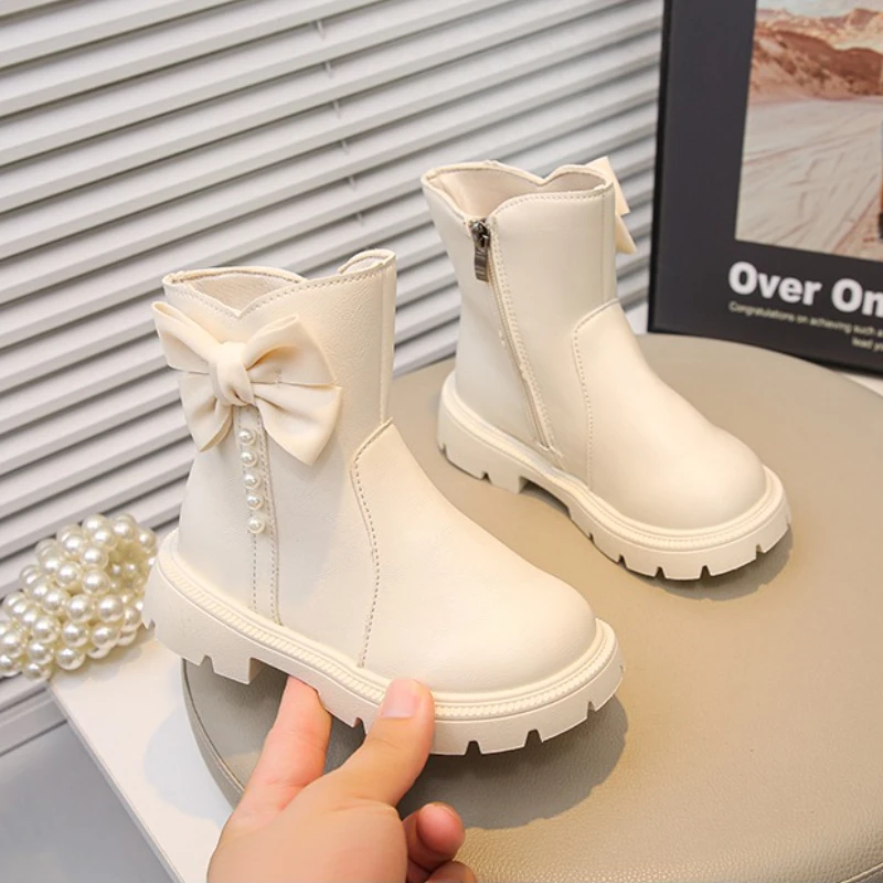 

New Children Leather Boots with Bowknot Spring Autumn Girl's Fashion Short Boots Princess Causal Kids School Ankle Boots Zipper