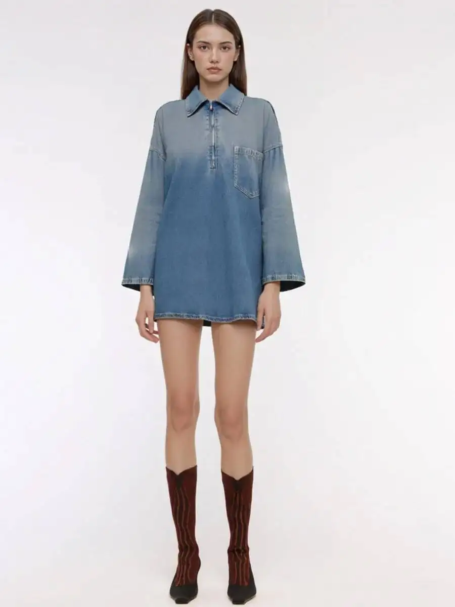 Women Fashion Solid Denim Dress Long Sleeves Female Chic Lady Casual Loose Short Dress Shirt Dresses 2025 New Fashion 0J21